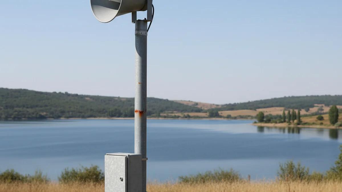 Imatge genèrica d'una sirena d'avís d'emergència instal·lada en un entorn rural prop d'un embassament.