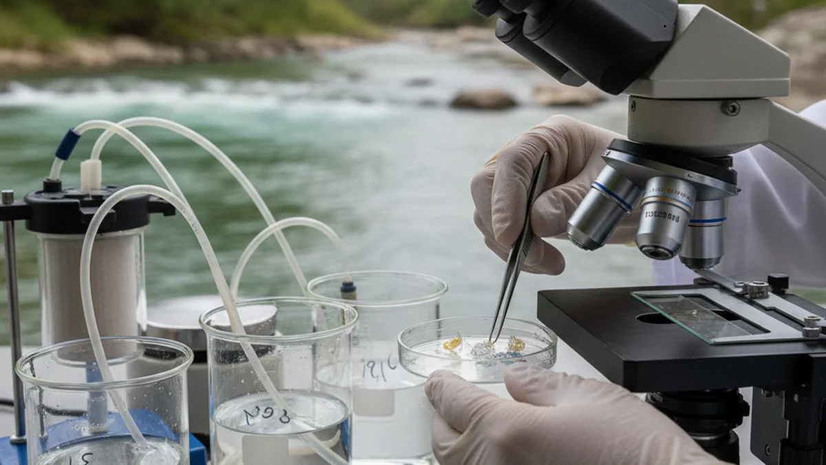 Imatge genèrica d'un riu o un laboratori analitzant mostres d'aigua per detectar microplàstics.