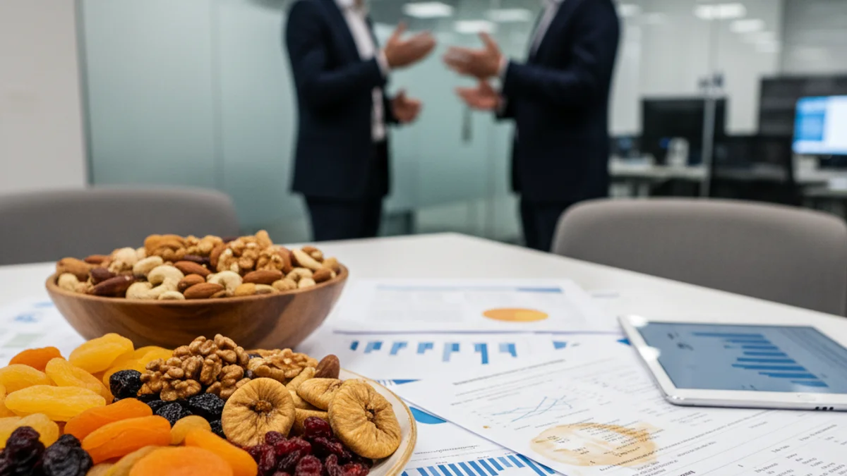 Descripció genèrica d'una taula amb fruits secs i fruita deshidratada, amb documents de recerca i figures borroses discutint.