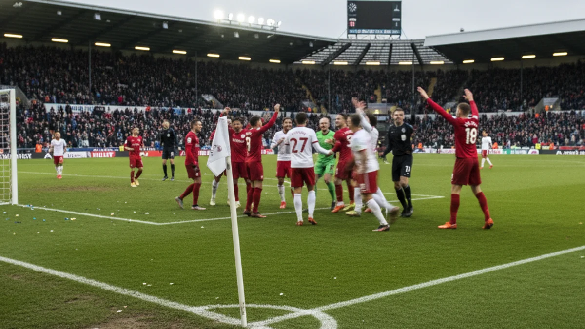 Vista general d'un estadi de futbol amb jugadors celebrant un gol, sense cares reconeixibles.