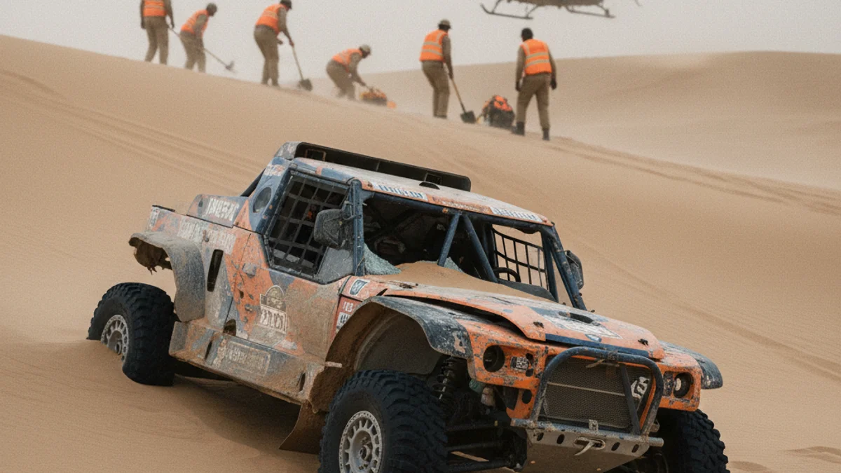 Imatge genèrica d'un vehicle de ral·li danyat i parcialment enterrat en una duna del desert.