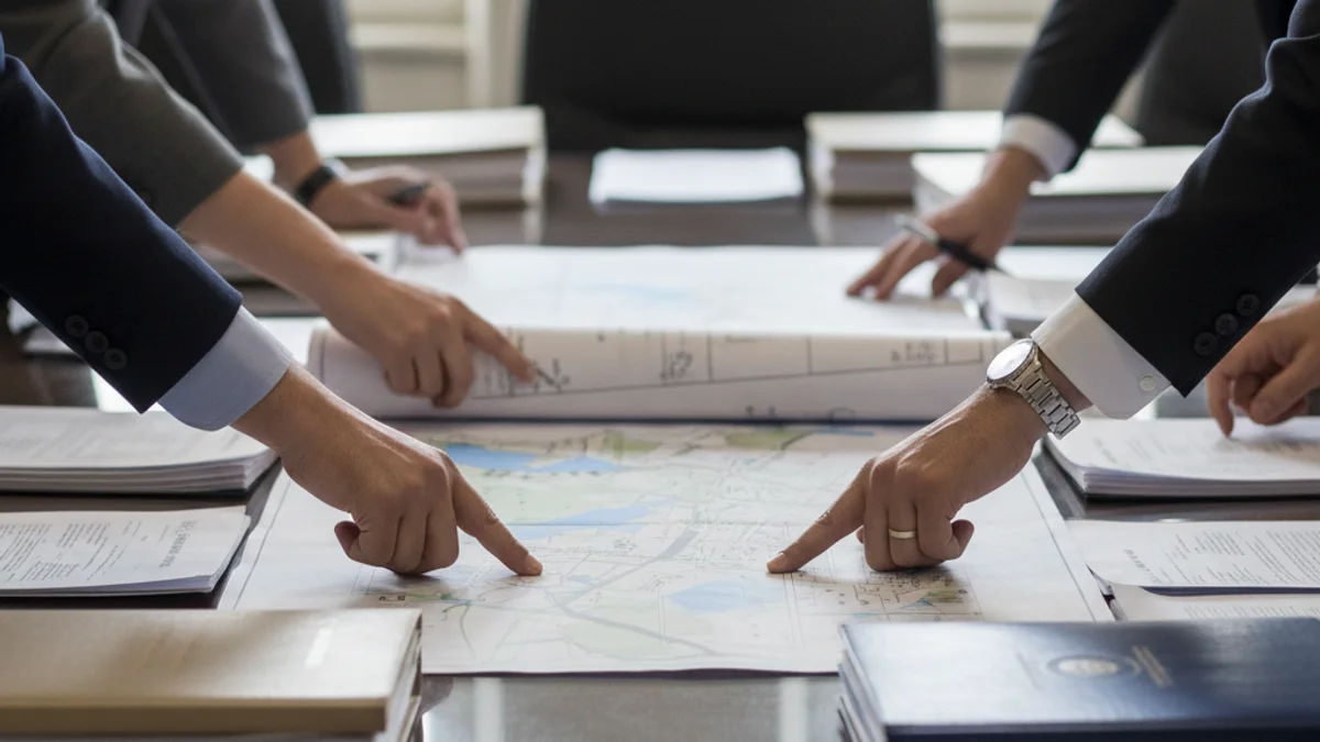 Representació genèrica d'un pla urbanístic o documents legals sobre una taula de reunions institucional.