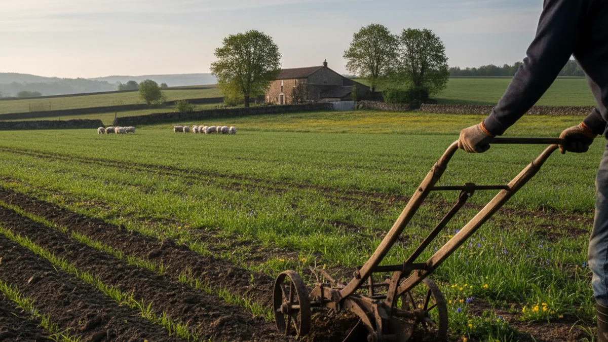 Imatge genèrica d'un camp de cultiu o una granja amb una silueta d'un agricultor treballant.