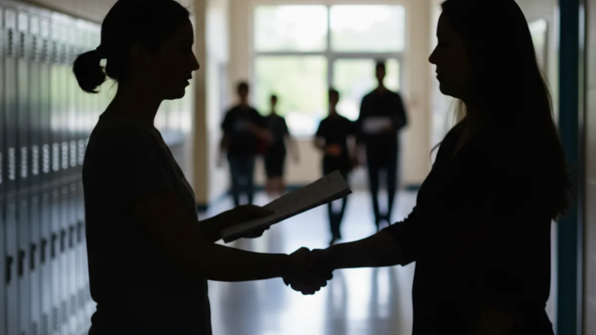 Il·lustració genèrica que representa la interacció entre un docent i un familiar en un entorn escolar.