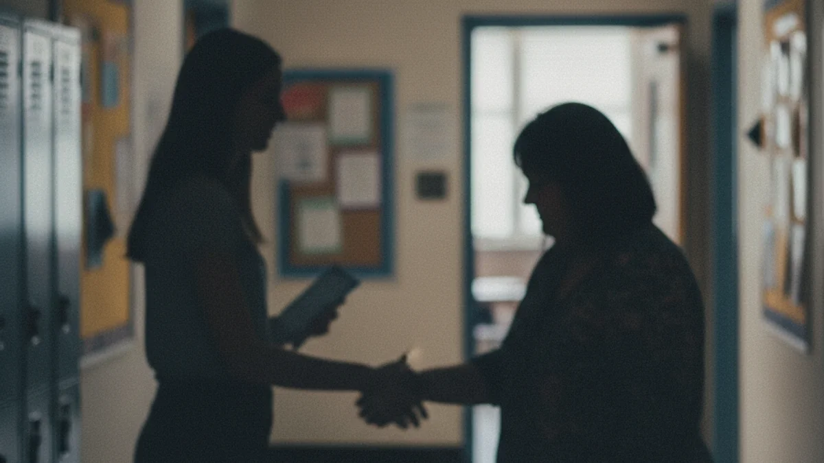 Il·lustració genèrica que representa la interacció entre un docent i una família en un entorn escolar.