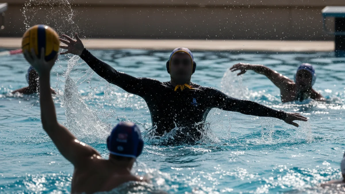 Imatge genèrica d'un partit de waterpolo, amb jugadors lluitant per la possessió de la pilota a la piscina.