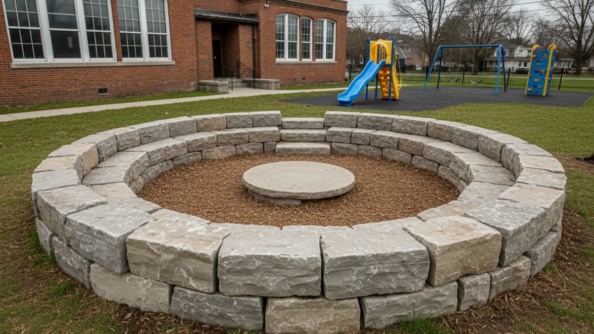 Representació d'un espai de debat exterior fet de pedra en un pati escolar, sense alumnes visibles.