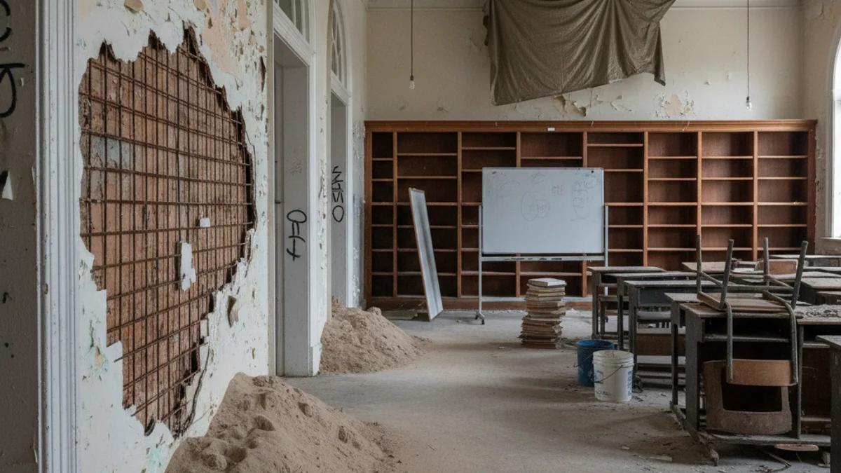 Imatge genèrica d'un passadís d'escola antic amb senyals de fum o neteja provisional.