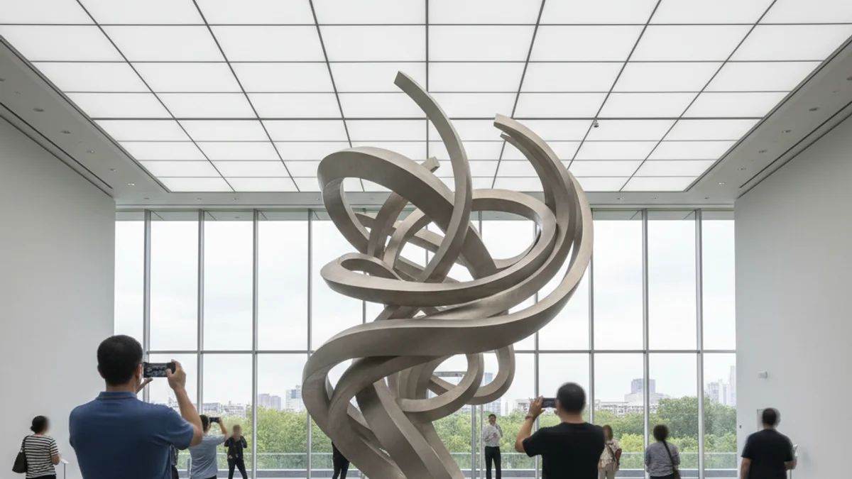 Imatge genèrica d'una exposició d'escultures amb figures borroses observant les obres d'art.