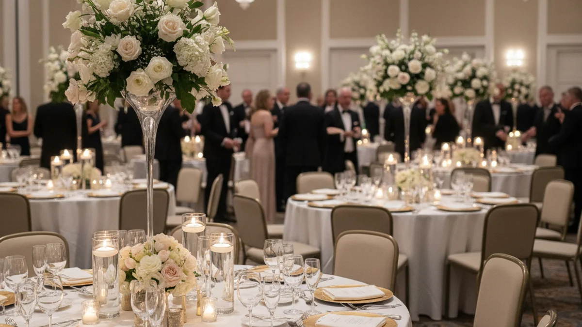 Imatge genèrica d'una gala o sopar de celebració amb figures borroses i taules decorades.