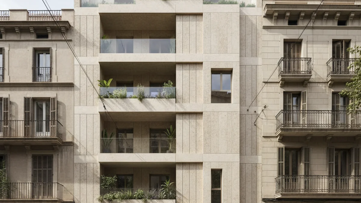 Façana d'un edifici d'habitatge públic recentment adquirit o rehabilitat a Barcelona.