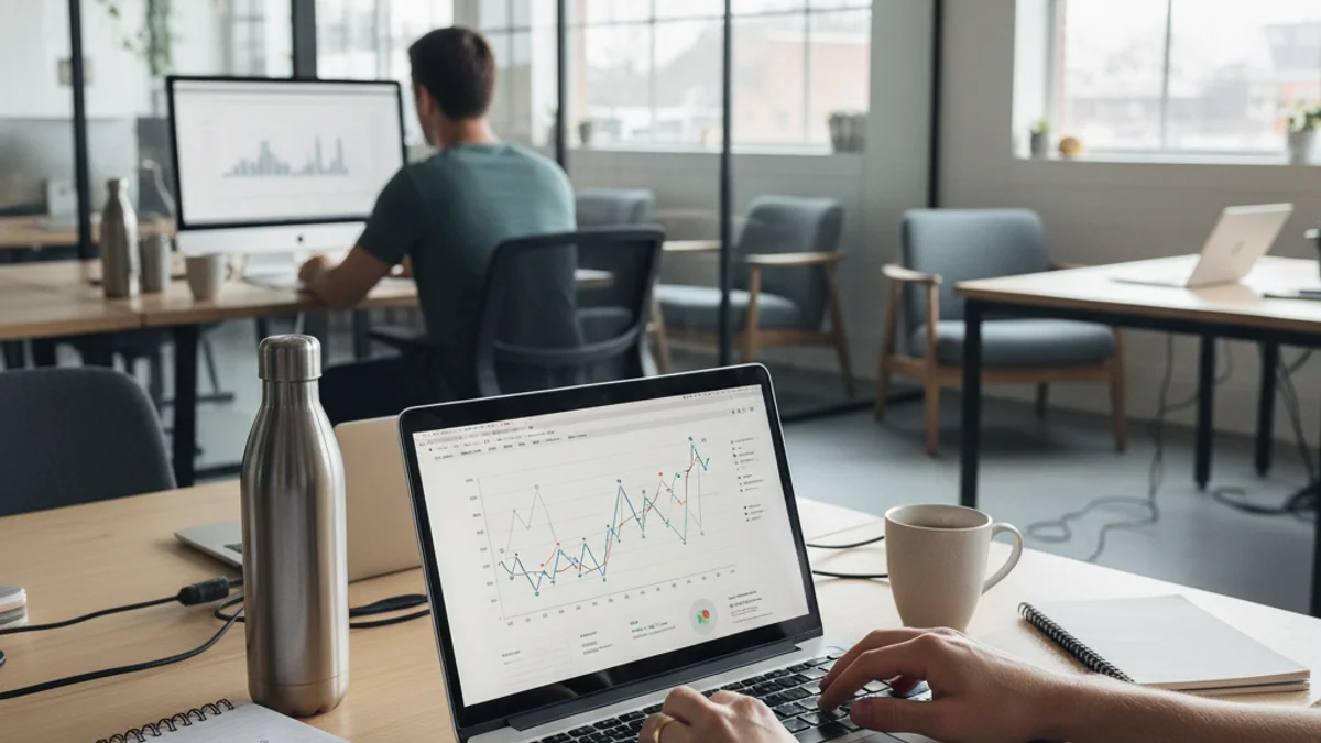 Una silueta d'una persona treballant amb un ordinador portàtil en un espai de co-working modern.