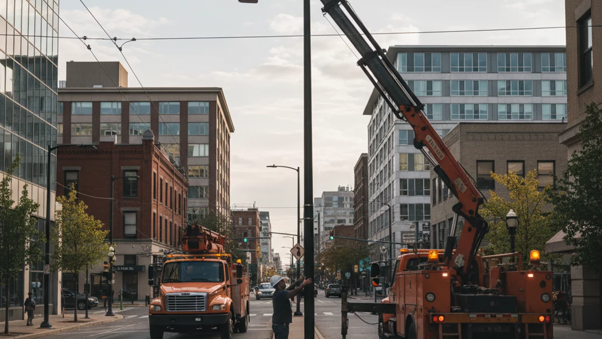 Imatge genèrica de treballs de renovació de l'enllumenat públic en un carrer de la ciutat.