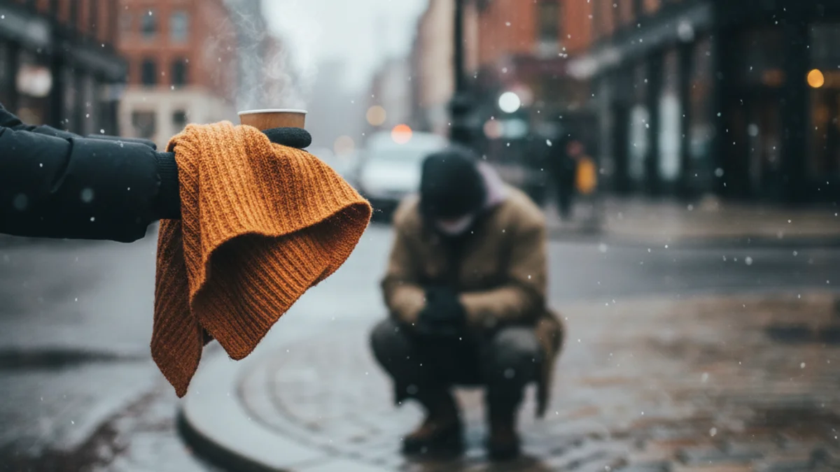 Imatge genèrica d'una persona rebent ajuda o una manta en un entorn urbà durant l'hivern.