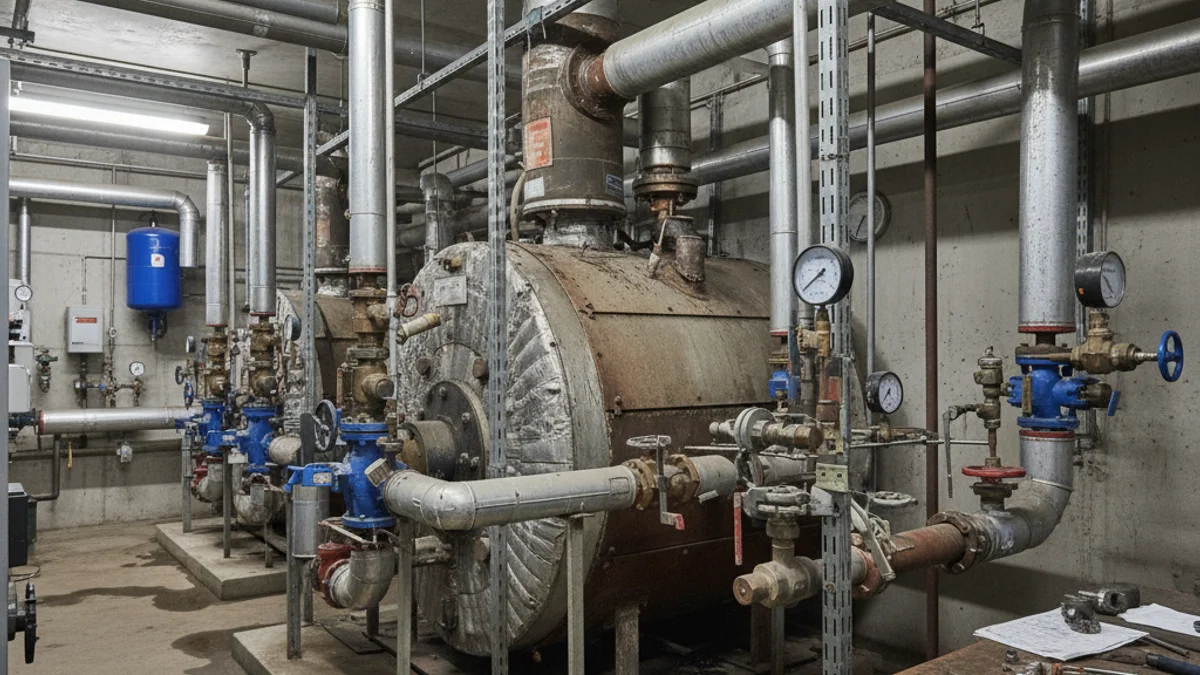 Imatge genèrica d'una instal·lació esportiva municipal, com ara uns vestidors o una sala de màquines amb canonades.