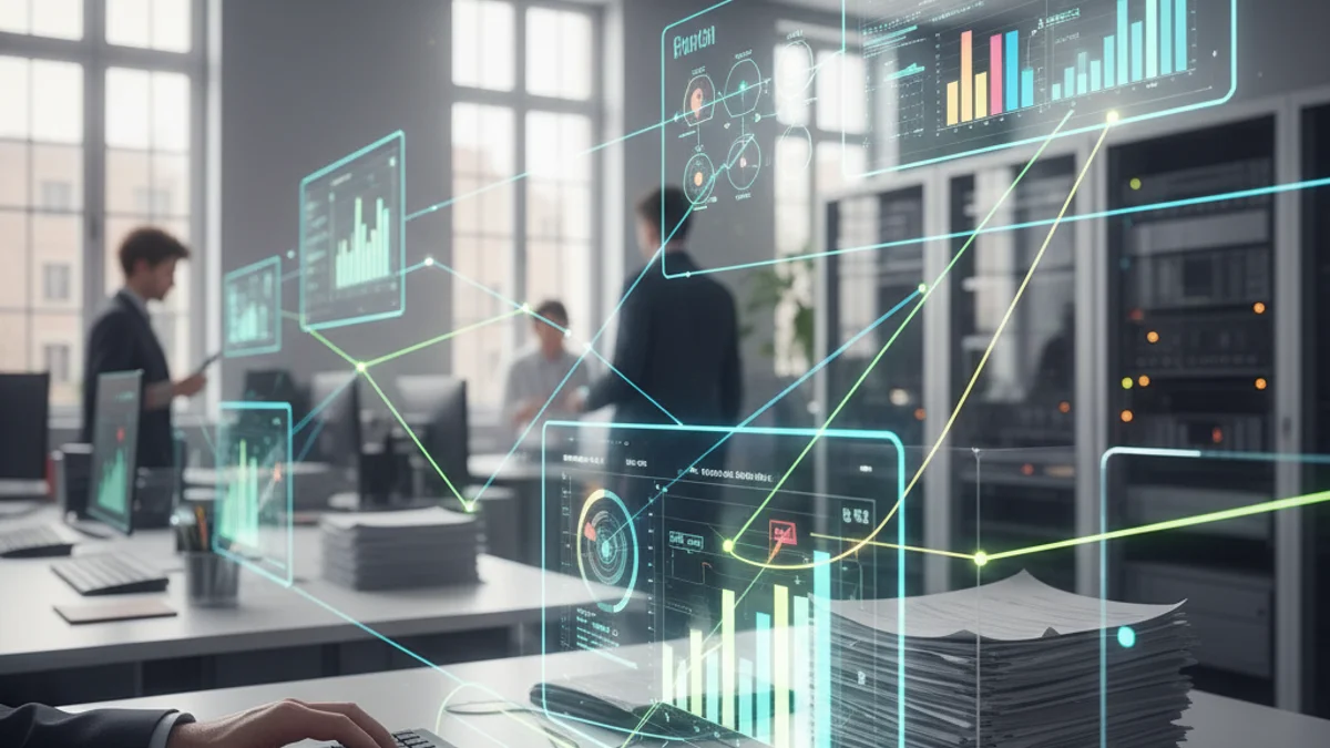 Representació visual d'un sistema d'intel·ligència artificial gestionant dades administratives en un entorn municipal.