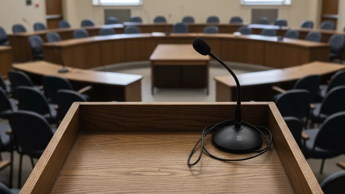 Vista d'un faristol amb un micròfon en una sala de plens municipal, simbolitzant la reorganització del govern local.