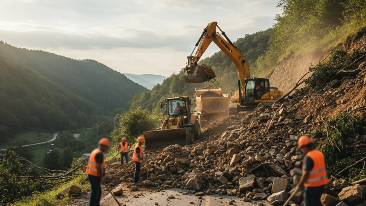 Imatge genèrica de treballs de neteja de carreteres després d'una esllavissada causada per pluges intenses.