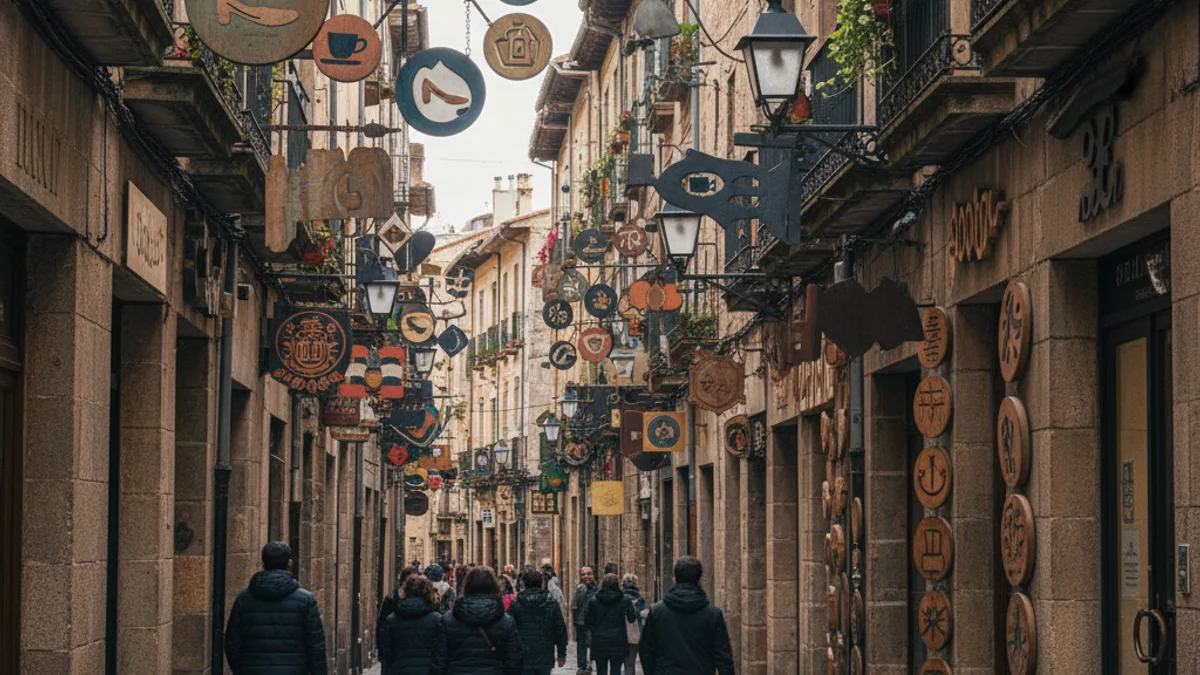 Vista d'una zona comercial urbana amb diversos tipus de negocis moderns i tradicionals molt a prop.