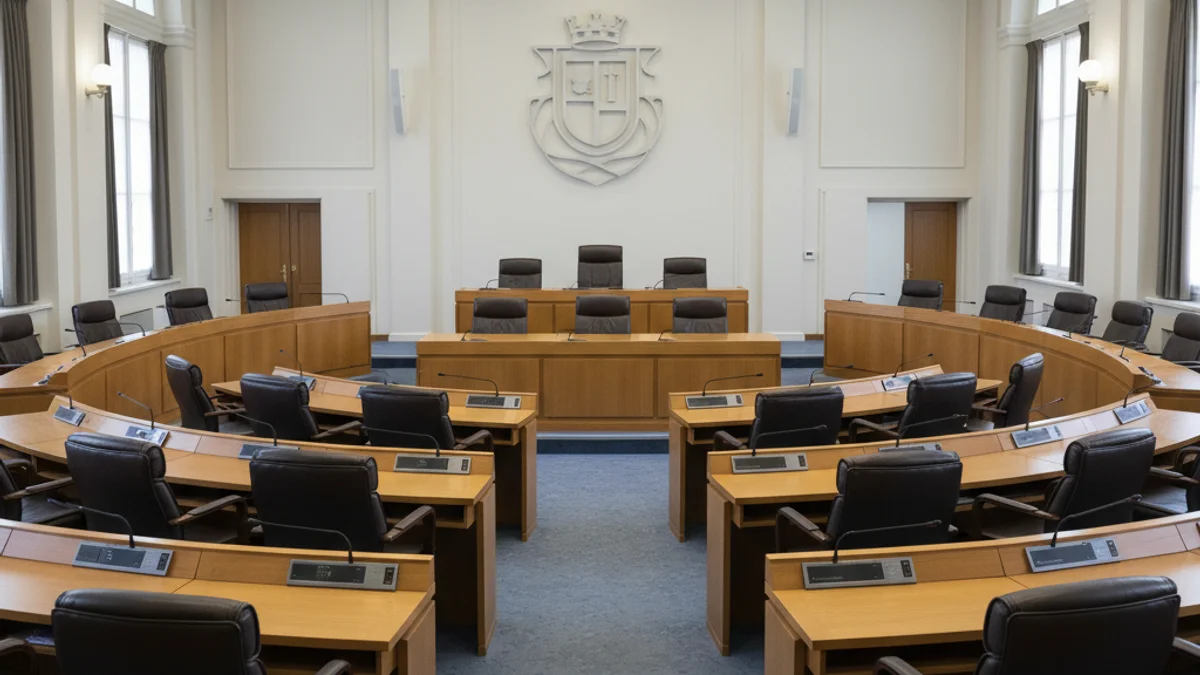 Imatge genèrica d'un ajuntament o d'una sala de plens municipal buida.