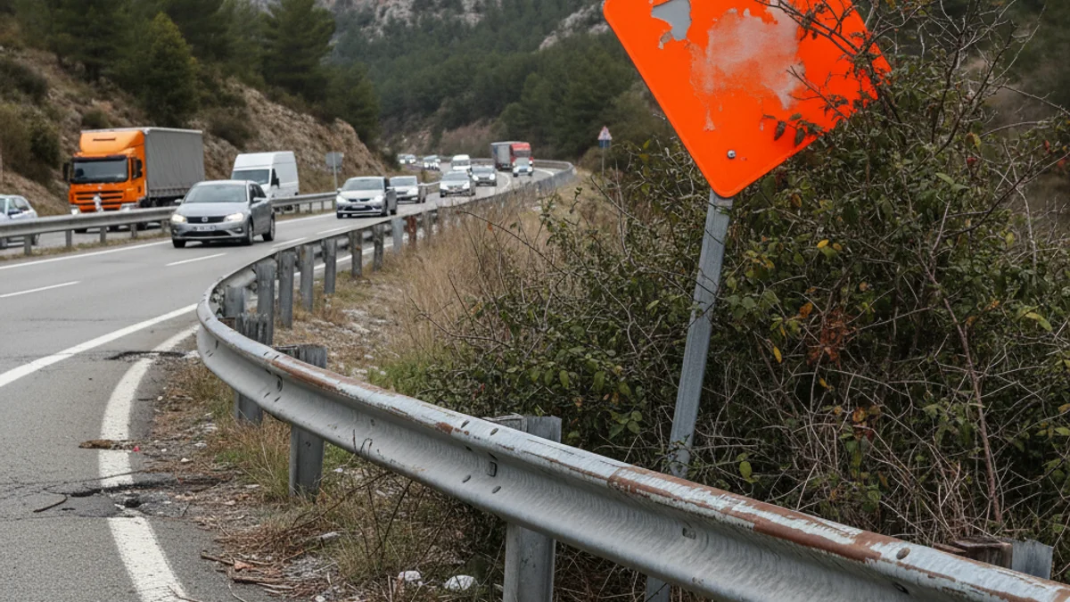 Imatge genèrica d'una carretera de muntanya amb una bionda (guardrail) danyada o en mal estat.