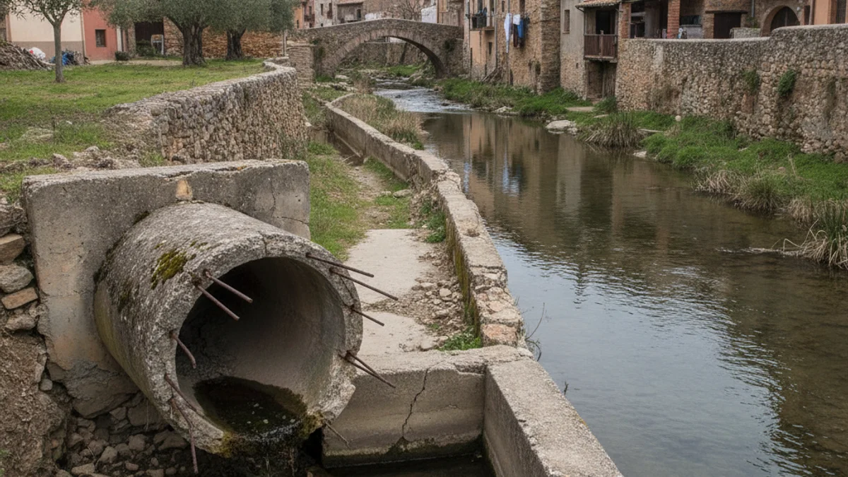 Imatge d'un riu o riera a prop d'un nucli urbà, amb elements d'infraestructura antiga o obsoleta a la riba.