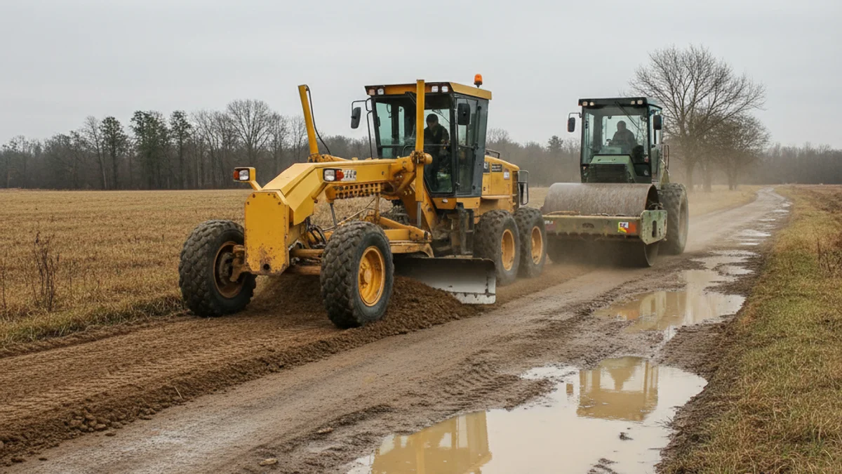 Maquinària pesada treballant en la reparació d'un camí rural després d'unes pluges intenses.