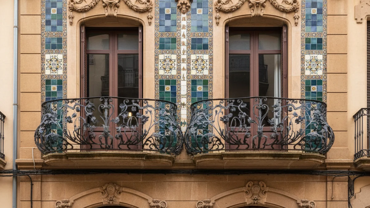 Detall d'una façana modernista amb elements de forja i ceràmica, representant el patrimoni arquitectònic català.