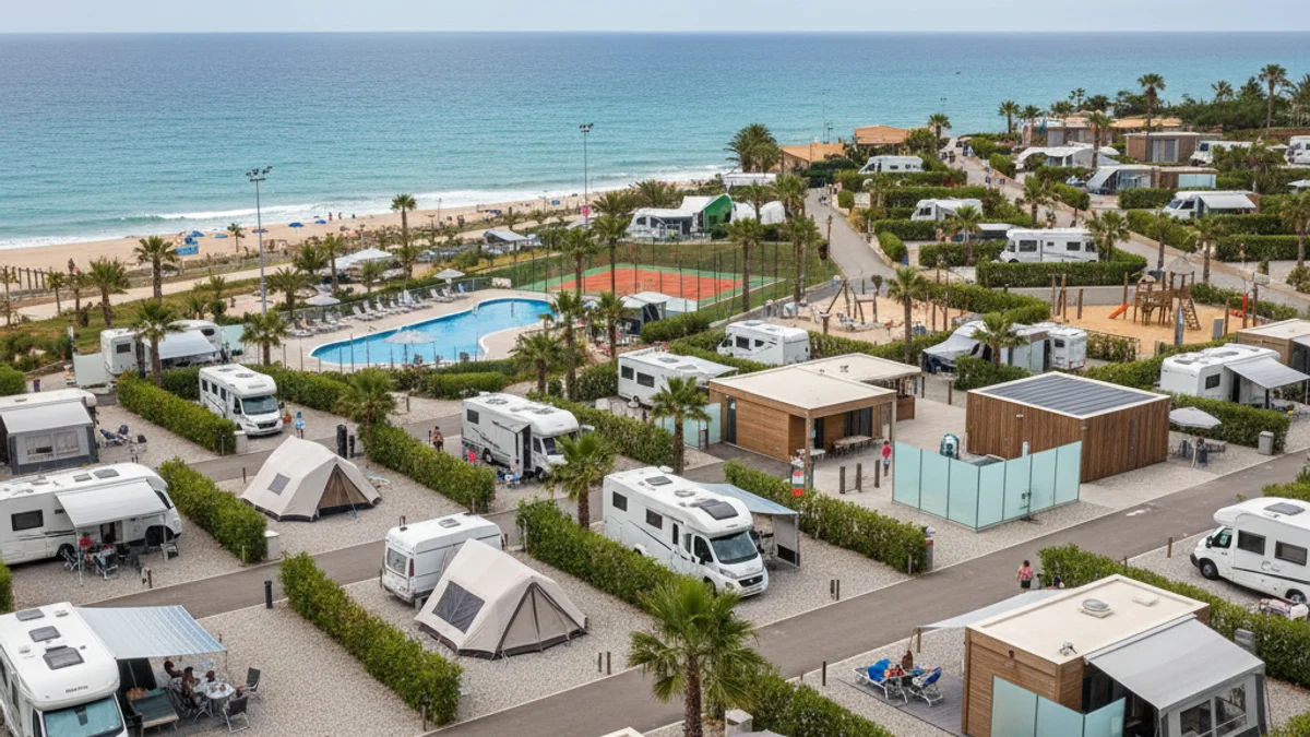 Imatge genèrica d'un càmping de platja amb caravanes i tendes de campanya sota el sol, simbolitzant l'excel·lència turística.