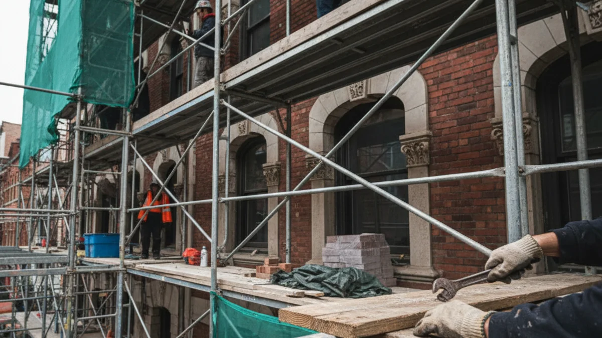 Imatge genèrica d'una façana antiga en rehabilitació amb bastides, simbolitzant la transformació d'habitatges socials.