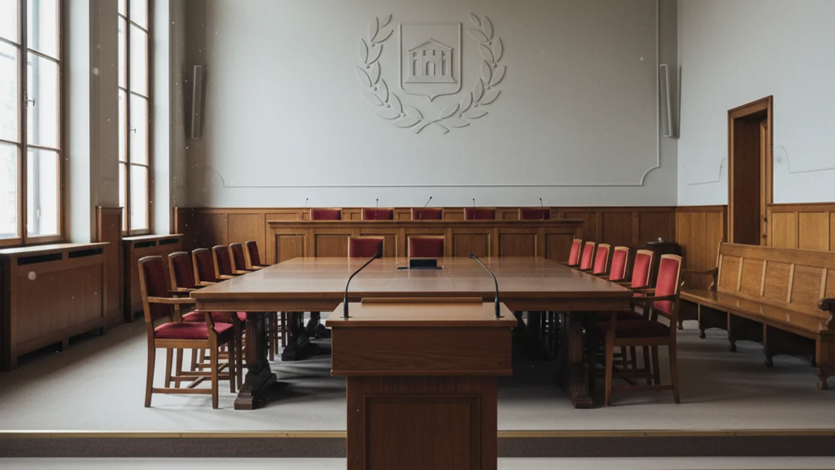 Una taula de debat buida en un ajuntament o centre de conferències local, simbolitzant l'anàlisi política.