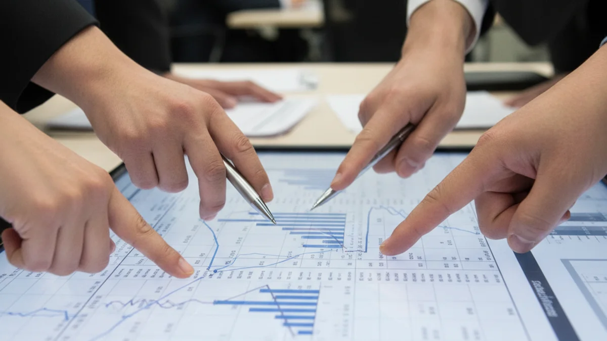 Representació d'un document financer o un gràfic econòmic en una taula de reunions.