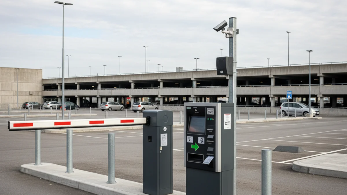 Barrera d'accés a un aparcament de supermercat amb un caixer automàtic per pagar el tiquet.