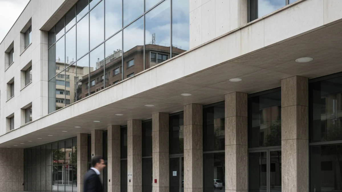 Entrada d'un jutjat a Barcelona, amb figures borroses de persones caminant, en un context de notícies judicials.