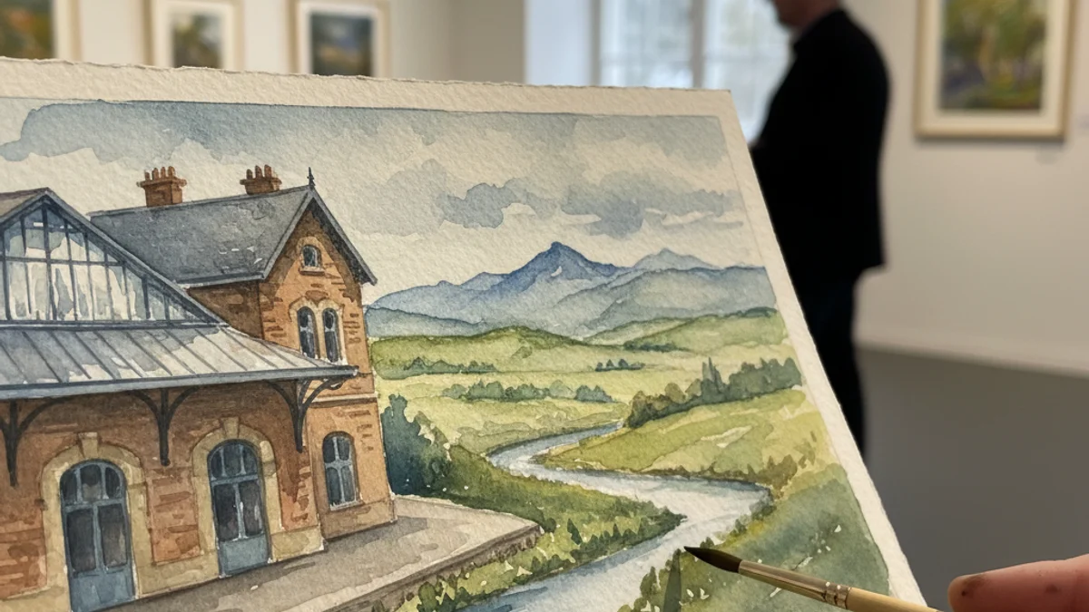 Il·lustració genèrica d'una aquarel·la de paisatge o d'una locomotora antiga, amb pinzells a prop.