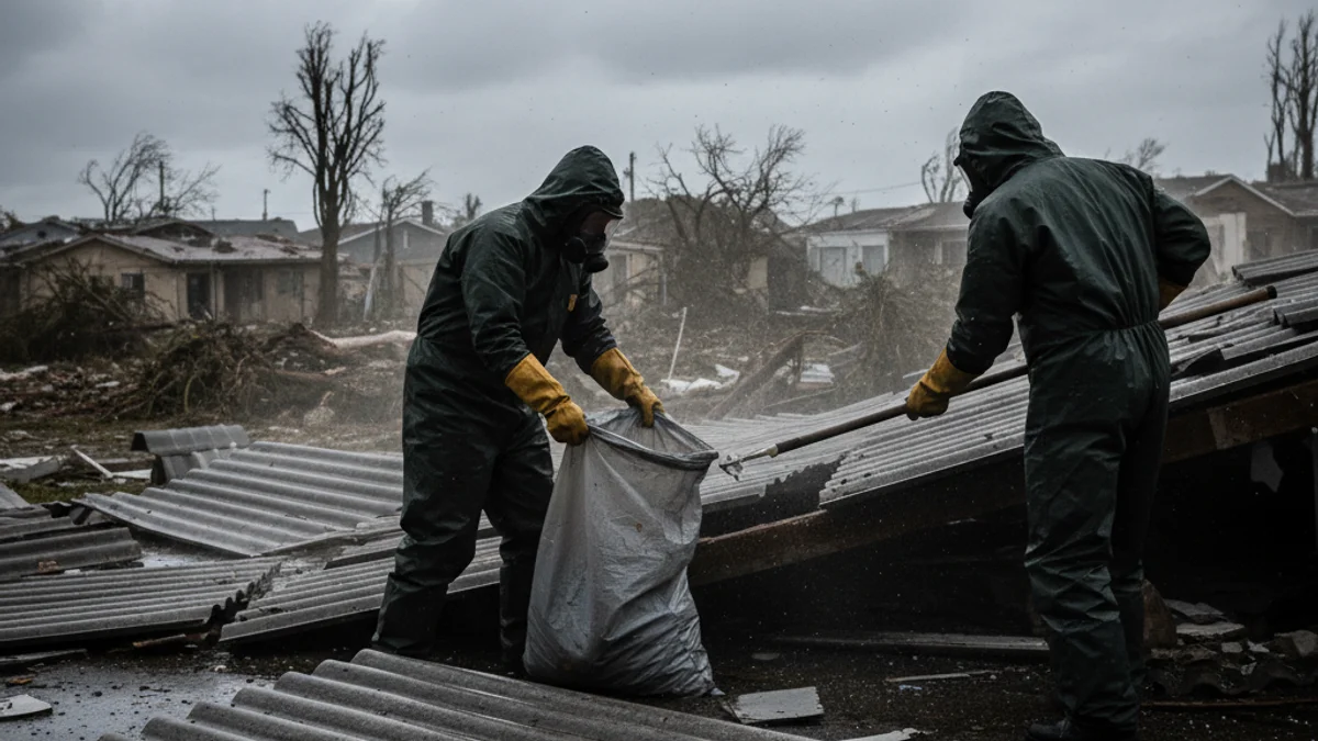 Treballadors amb equips de protecció manipulant restes de cobertes danyades amb amiant.
