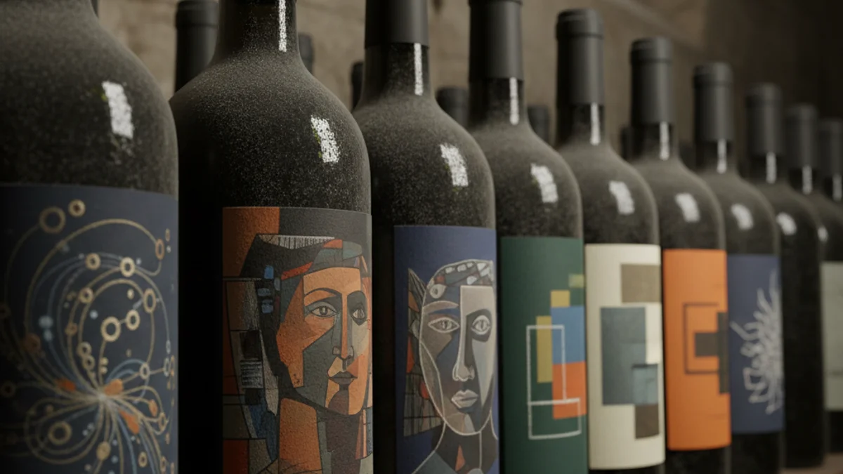 Ampolles de vi amb etiquetes artístiques exposades en un celler, destacant la fusió entre art i viticultura.