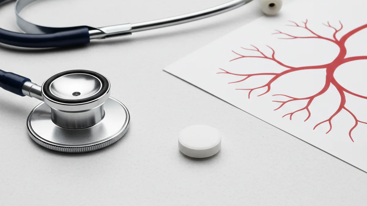 Imatge conceptual d'una pastilla d'aspirina sobre un fons mèdic o un cor esquemàtic, simbolitzant la prevenció cardiovascular.