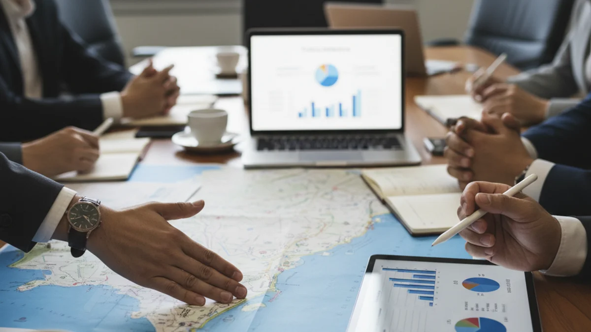 Representació visual d'una reunió de negocis o una assemblea sobre planificació turística.