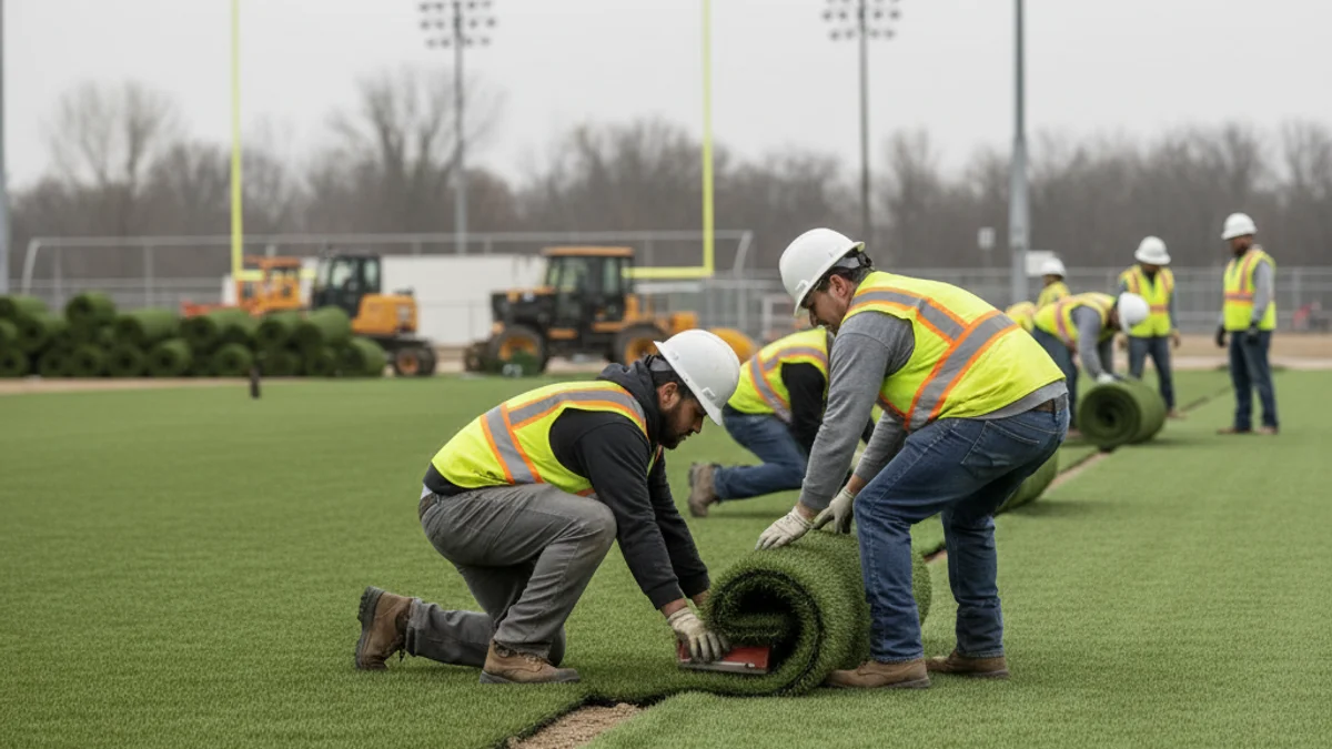 Imatge genèrica d'un camp de futbol amb gespa artificial en procés d'instal·lació.