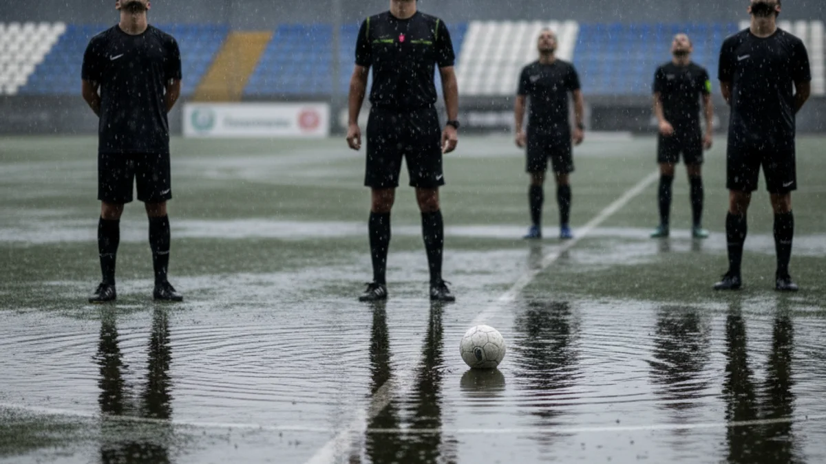 Imatge d'una pilota de futbol en un camp mullat, simbolitzant la suspensió de partits per la pluja.