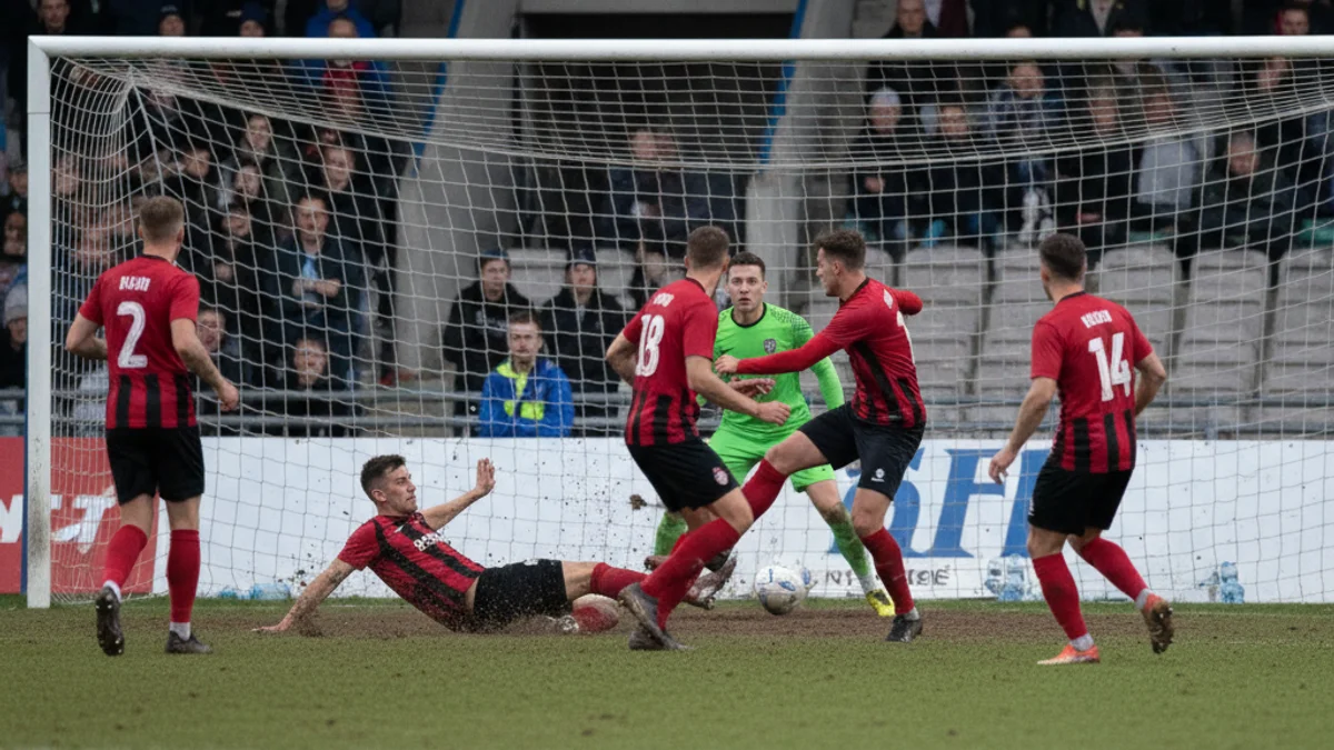 Vista genèrica d'un partit de futbol de categoria regional, amb jugadors en acció i la gespa en primer pla.