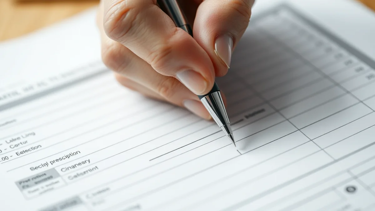 Il·lustració d'una mà amb un bolígraf sobre un formulari mèdic, simbolitzant la prescripció de fàrmacs.