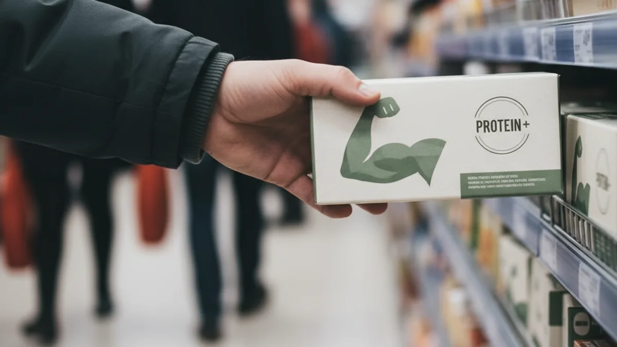 Una persona observant productes enriquits amb proteïnes als passadissos d'un supermercat, amb èmfasi en l'etiquetatge nutricional.
