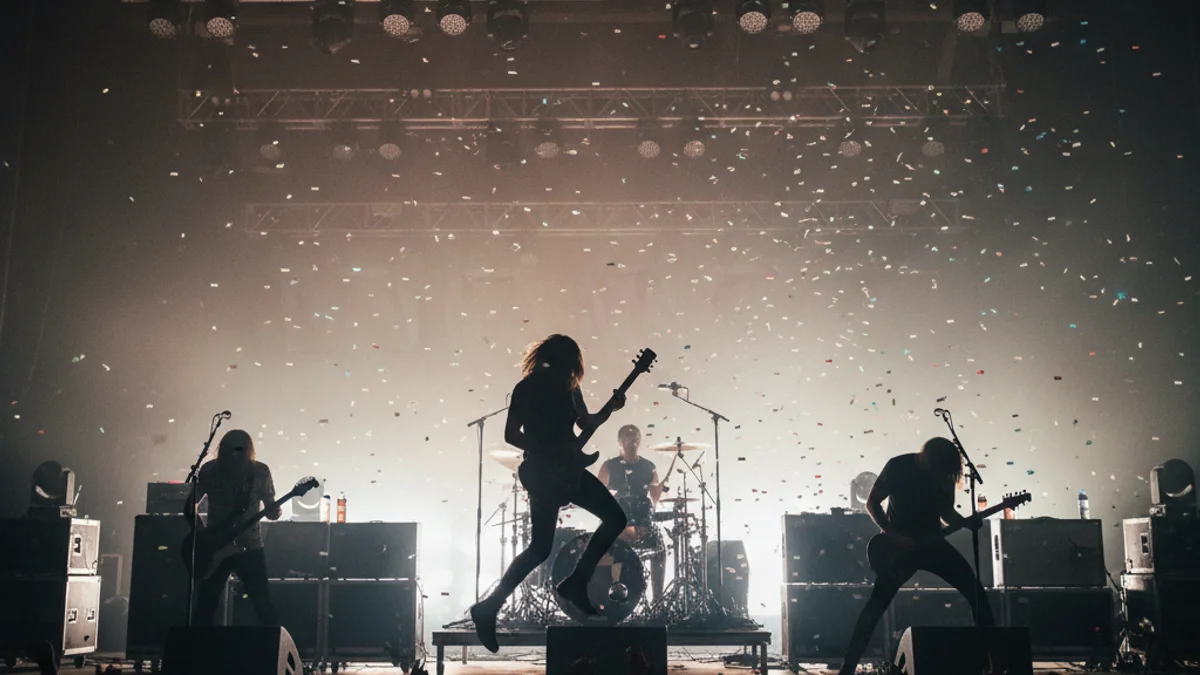 Una silueta de músics en un escenari tocant instruments davant d'un públic entusiasmat.