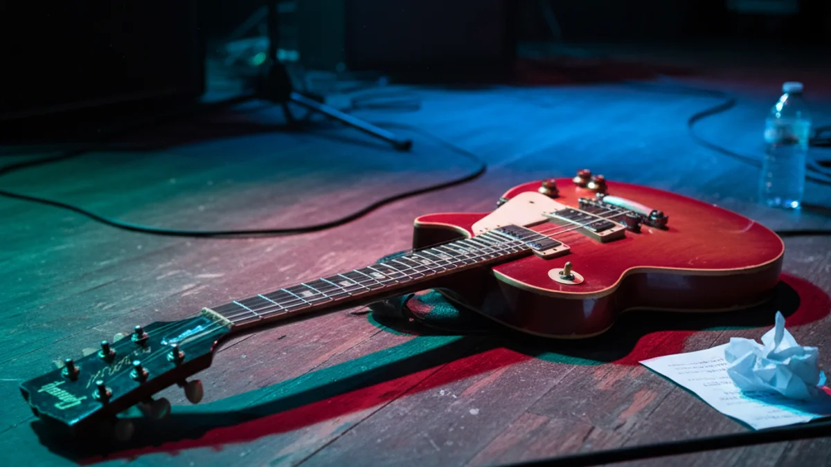 Una guitarra elèctrica en un escenari buit amb focus de llum de colors, simbolitzant un concert de rock.