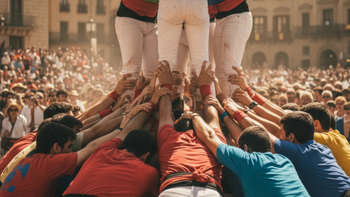 Imatge genèrica d'una pinya castellera en una plaça urbana sota el sol, simbolitzant la calor durant les diades.