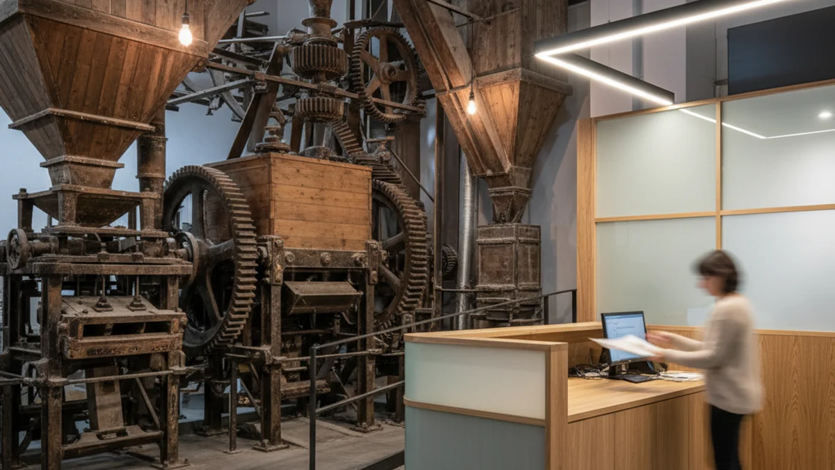 Imatge d'una antiga fàbrica de farina amb maquinària industrial i un espai de recepció modernitzat.
