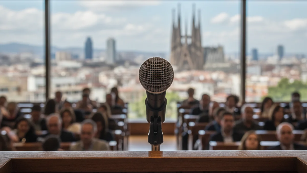 Una silueta d'un economista parlant en un podi amb un fons urbà difuminat de Barcelona.