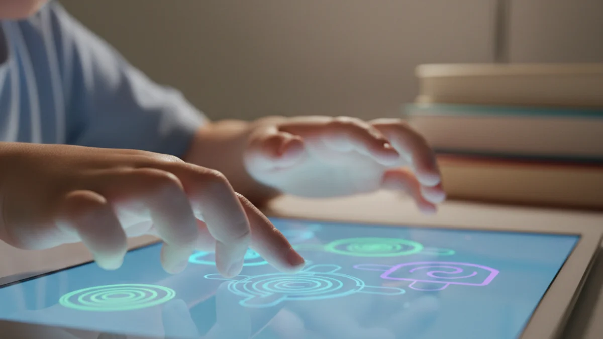 Il·lustració abstracta d'un nen utilitzant una tauleta o ordinador per fer exercicis de lectoescriptura.